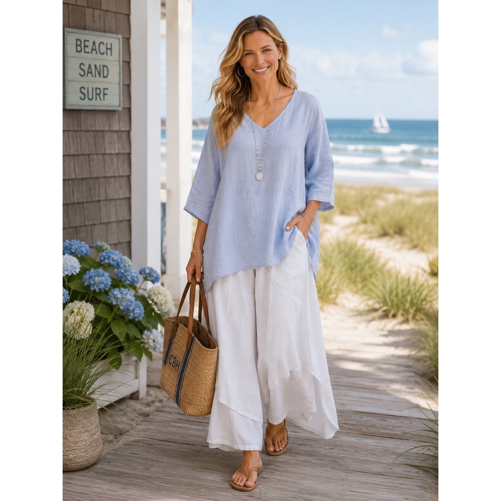 Light Blue V-Neck Tunic Top - Women's Casual Beach Tunic